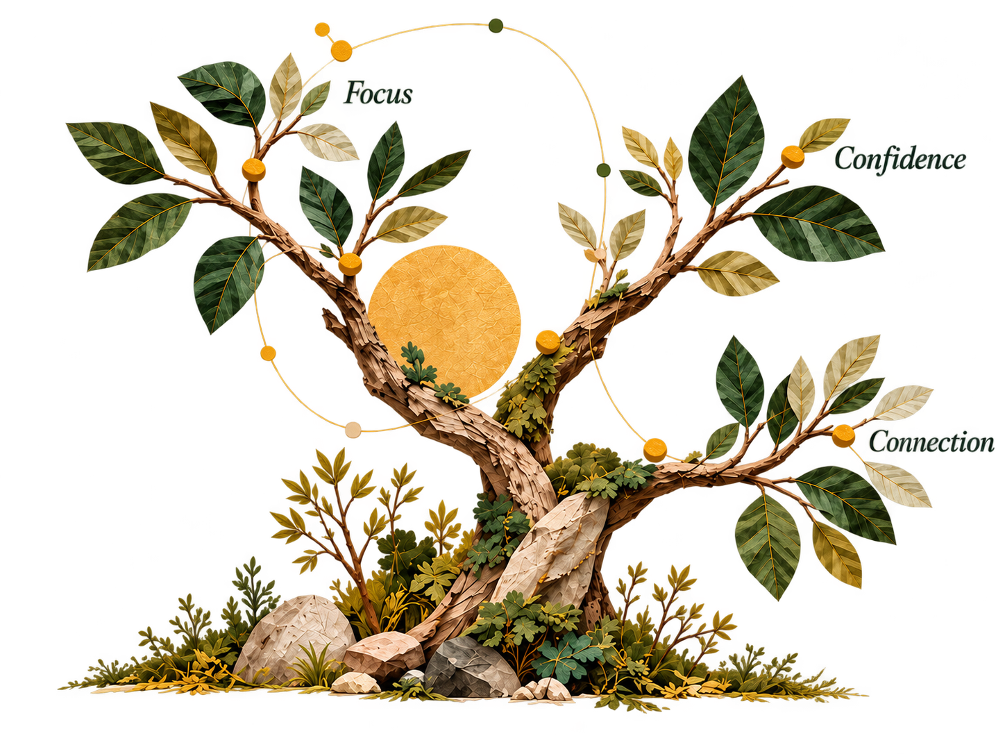 A paper-collage tree growing toward focus, confidence, and connection